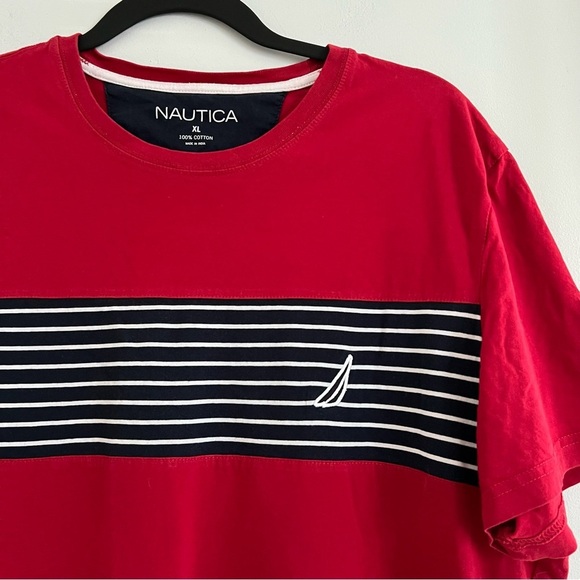 Nautica Men's Red Tee with Black and White Stripes - Picture 2 of 4
